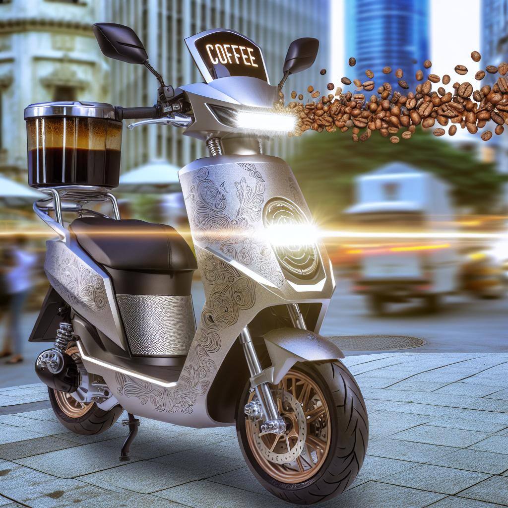 A sleek, coffee-powered scooter zooming through city streets, customized with unique features and enhancements.